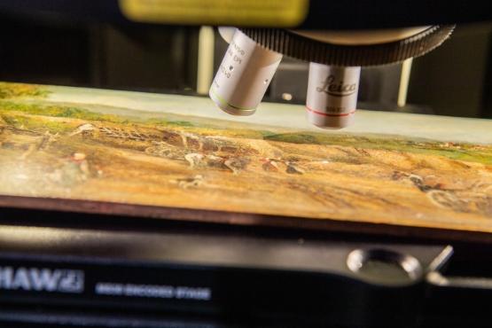 A close up photograph of an oli painting which is directly underneath scientific scanning equipment