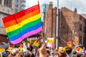Crowd waving rainbow flag at a protest
