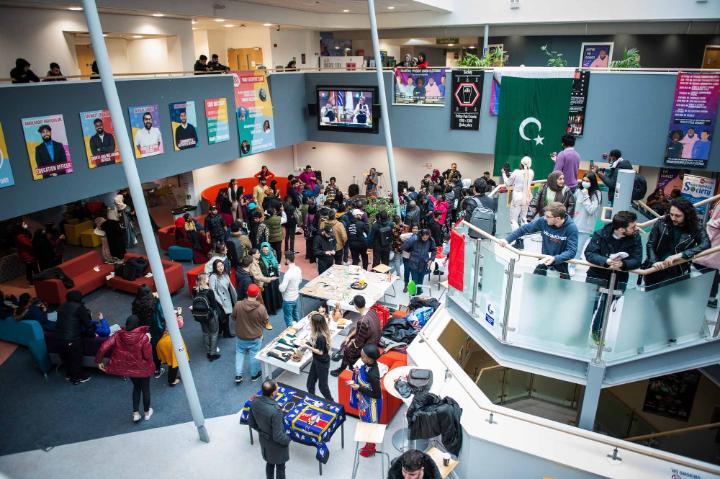 Students gather in the J.B Priestley Library for The One World Week Festival 2022.