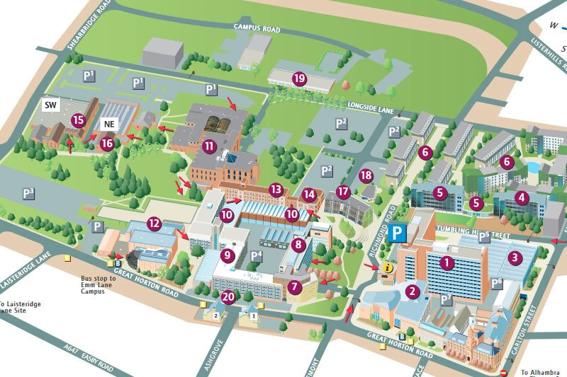 A screenshot of a map showing the University of Bradford campus