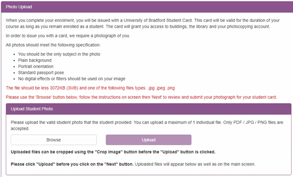 Screenshot of the photo upload section the online enrolment portal asking users to select a photo.