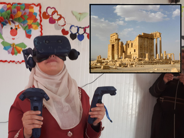 Student using VR headset to view ancient ruins.