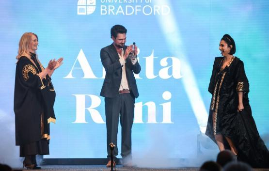 Anita Rani on stage with Javaad Alipoor and Shirley Congdon
