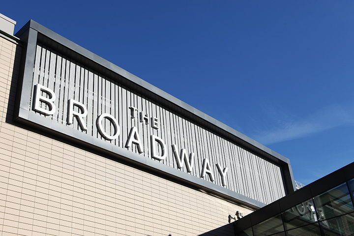 The Broadway, Bradford shopping centre sign on a sunny day