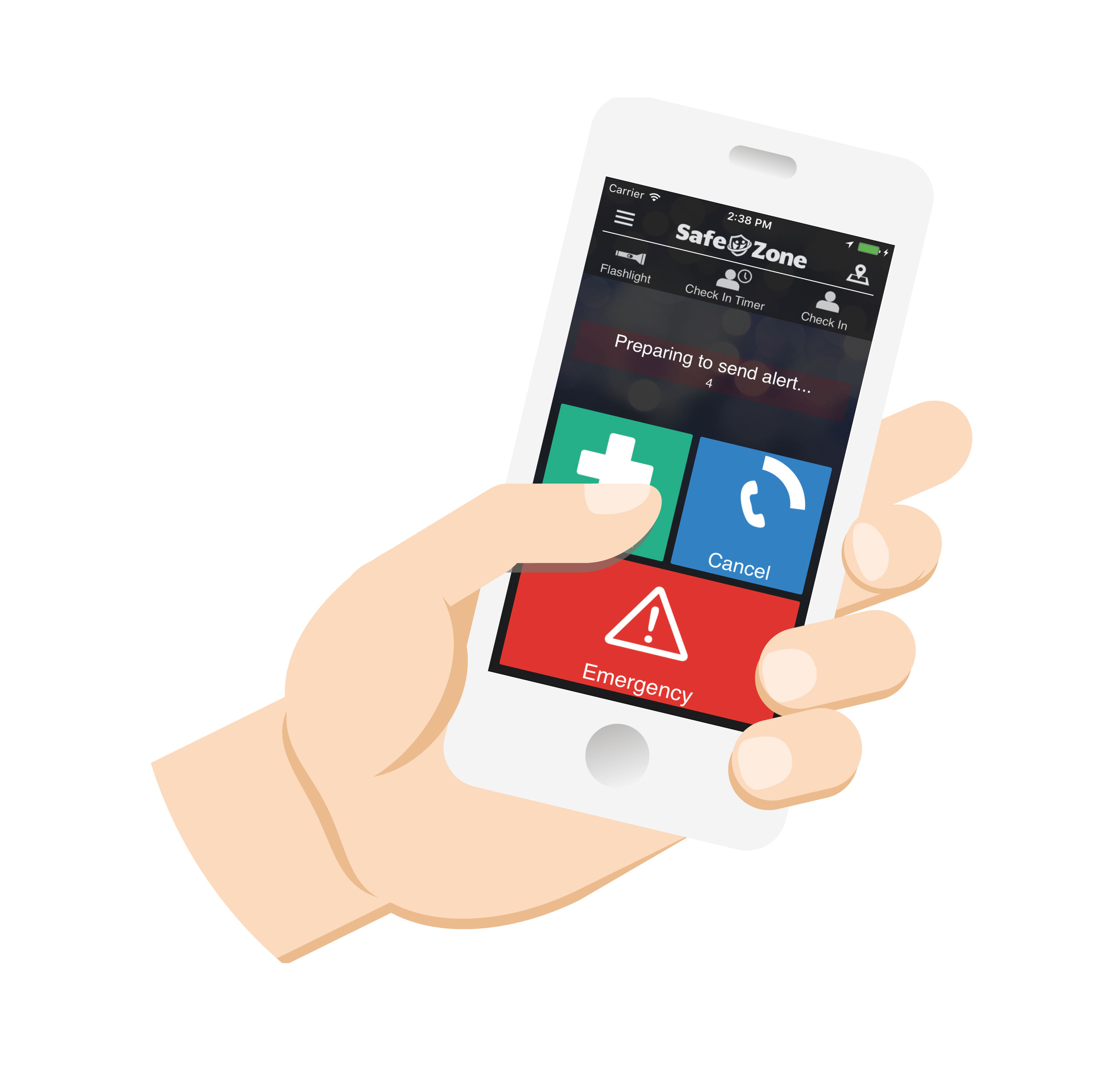 Hand holding phone with safezone app on