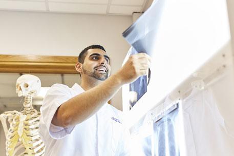 A student wearing a white coat hanging an x-ray image up for inspection