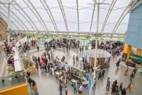 An aerial shot of the Atrium at an Open Day