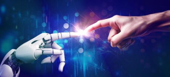 A robot hand touching a human hand a la Michelangelo's Creation of Adam