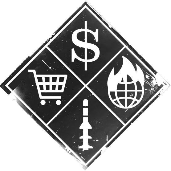Illustration with symbols for money, bombs, world on fire and consumerism Illustration with symbols for money, bombs, world on fire and consumerism
