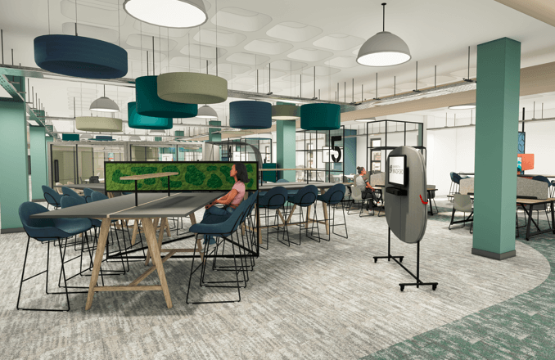 Image of new library area with grey flooring, modern desks and lighting Image of new library area with grey flooring, modern desks and lighting