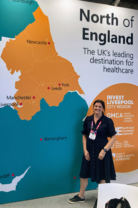 Faye Cameron standing in front of a giant UK map at the Hlth Europe 2025 conference Faye Cameron standing in front of a giant UK map at the Hlth Europe 2025 conference