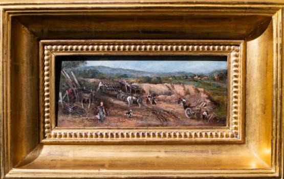 a close up of an oil painting which has a thick gold coloured frame a close up of an oil painting which has a thick gold coloured frame