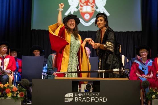 Comedian Rosie Jones at her honorary graduation with Anita Rani