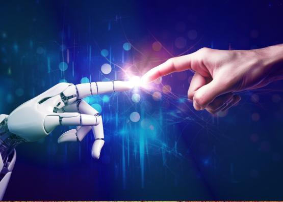 A robot hand touching a human hand a la Michelangelo's Creation of Adam A robot hand touching a human hand a la Michelangelo's Creation of Adam