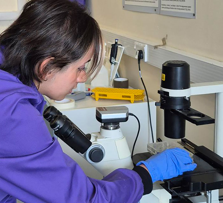 PGR Skin Sciences student Lara-Kay Shafi in the lab using a microscope
