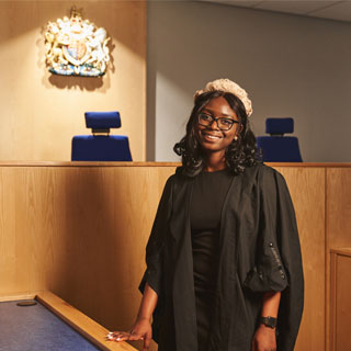 Law student Tamara in the Lady Hale mock court room