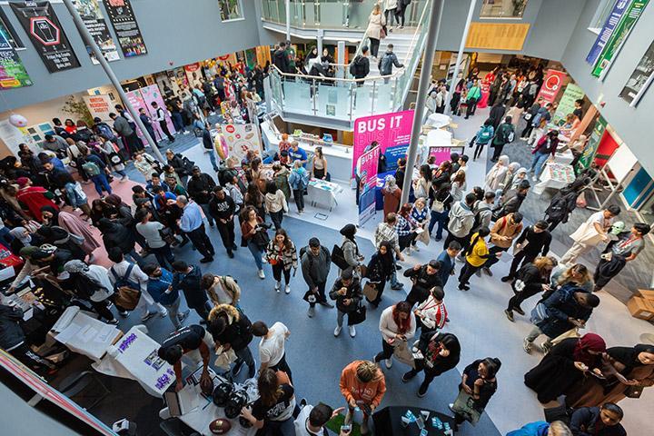 A view of Student Central full of students at Freshers Fayre