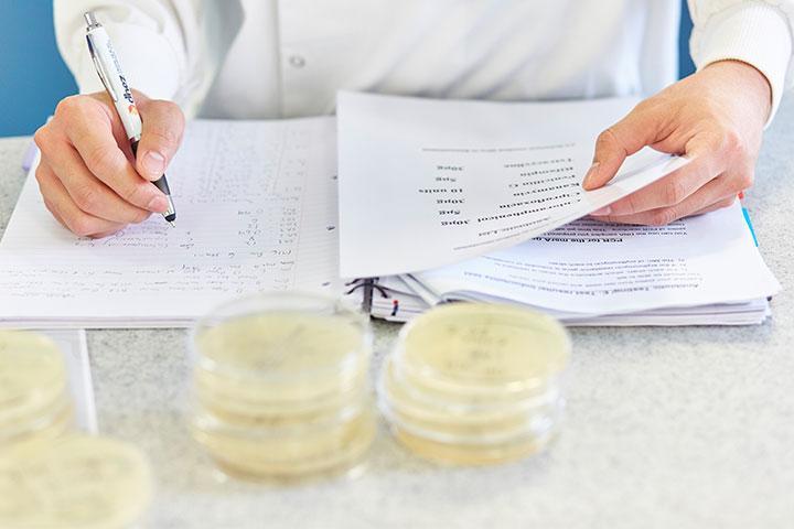 A person taking notes with petri dishes in front of them.