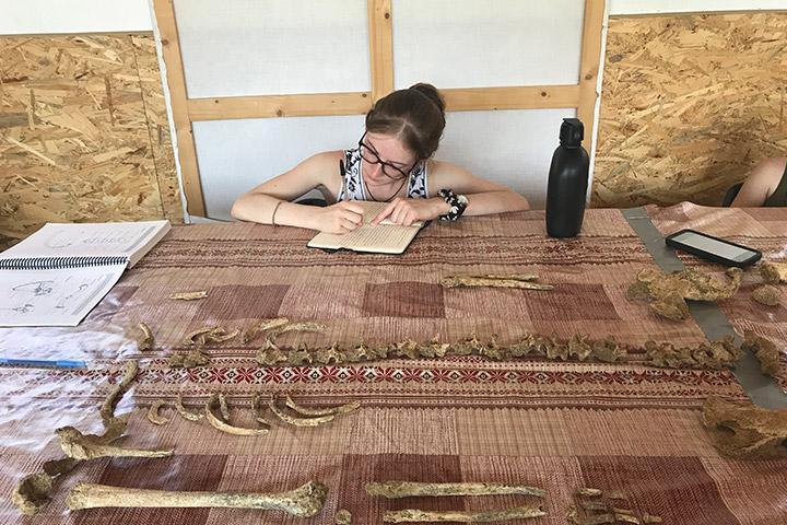 A student writing in a notebook while sitting at a table that has human bones spread out on top of tablecloth