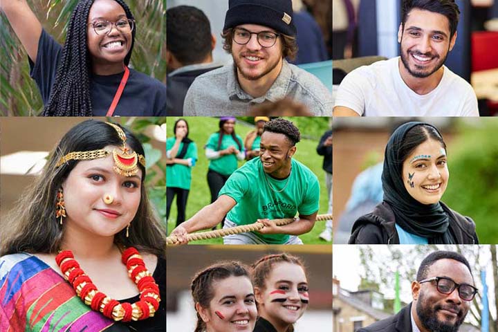 A collage of students, showcasing the diversity of students at the University of Bradford.