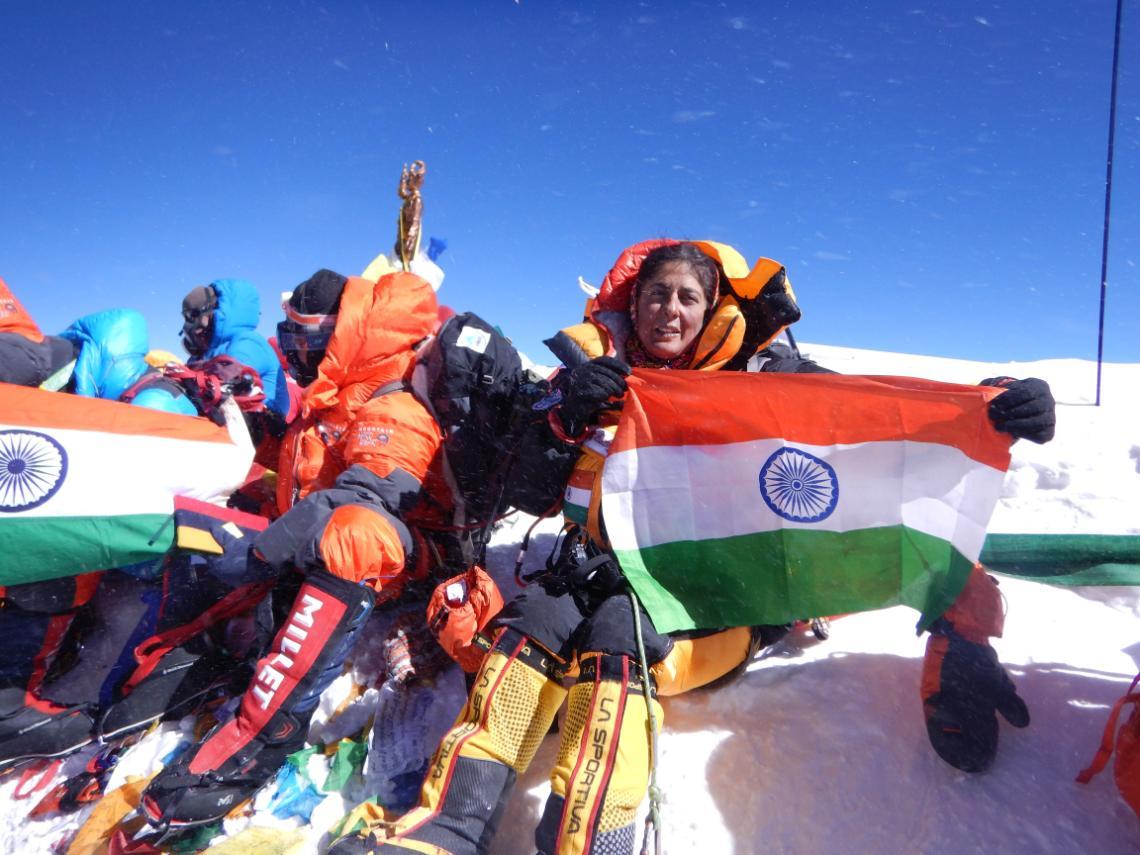 Sangeeta Sindhi Bahl celebrates reaching the summit of Everest