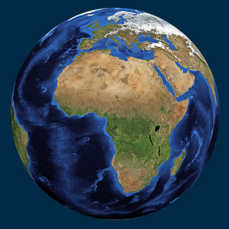 A 3D globe centred on Africa
