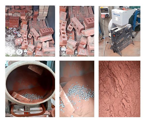 composite image showing bricks, crushing machinery, additives and crushed waste material
