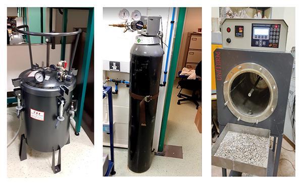 Composite image of 3 types of equipment used to capture CO2 in recycled aggregates