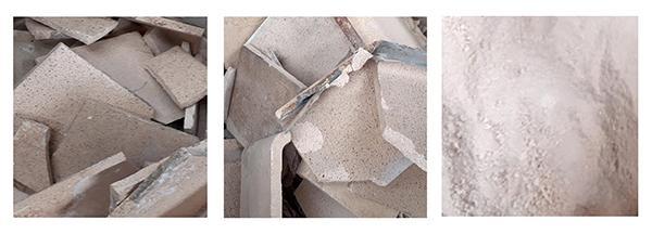 Composite image of waste tiles and ground tiles used for geopolymer