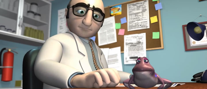 Screenshot from CGI animation Malpractice by David Williams showing a doctor at his desk looking at a frog.
