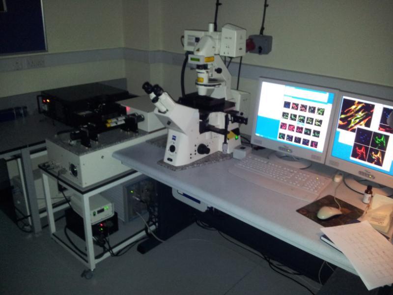 Bioimaging equipment showing a microscope and screen with images