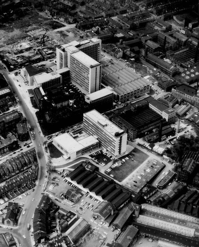 Aerial photo of the University of Bradford in 1965 including Bradford College and foundations for new buildings