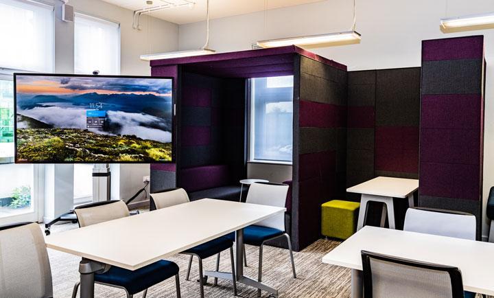 Photo of Bright Building, Entrepreneurship Lounge showing the Microsoft Surface Hub and Collaborative Working Space