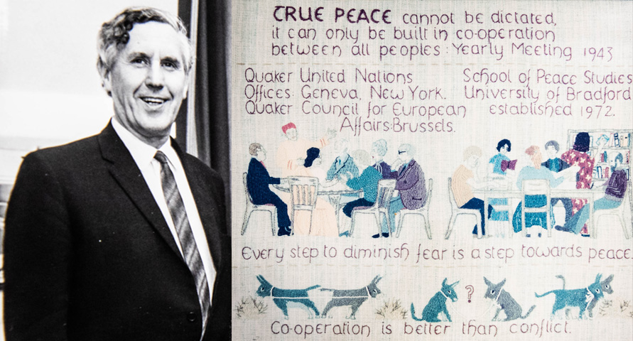 Composite image of Professor Adam Curle and a tapestry created by the Quakers to mark the founding of the School.