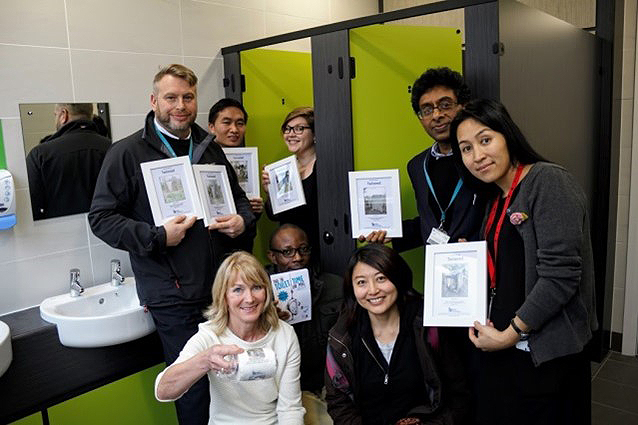 The Vice-Chancellor, Head of Estates, Head of Department and PSID students opening the ‘twinned’ toilets.
