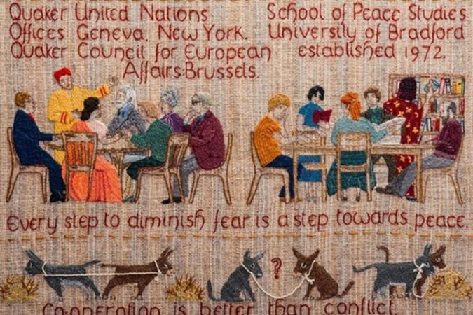 Tapestry celebrating the Department of peace Studies affiliation with the Quaker Trust.