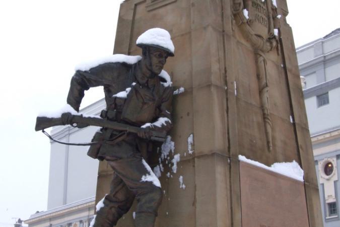 Statue at the side of the Bradford First World War memorial.