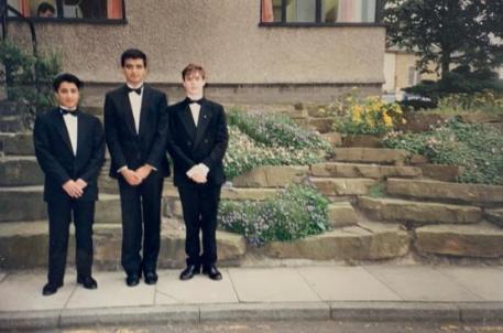 Alum and donor, Asif Ghafoor with friends dressed for the summer ball at the Business School in the early 90's