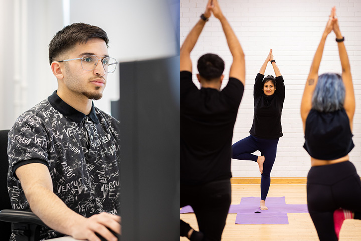Composite of two images. A person using a computer and three people doing yoga.