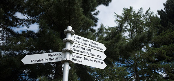 Signpost pointing to the J. B. Priestley Library.