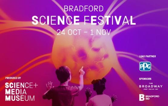 A poster advertising Bradford Science Festival 2020, showing two children interacting with a display showing a magnified cell