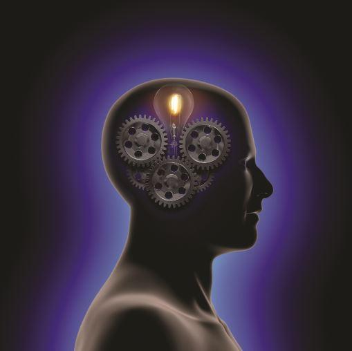Generic image of a head in profile with cogs and a lightbulb shown inside the head to represent an alert mind