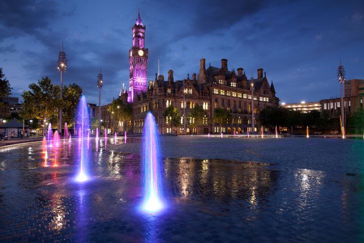 Bradford city centre illuminated at night