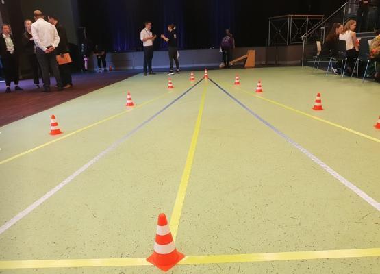 An indoor racing track for model cars