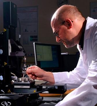 A researcher looks at a microscope