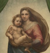 Showing faces of the Madonna and Child. Painting by Raphael