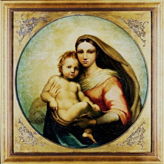 A circular Renaissance painting featuring a Madonna and Child