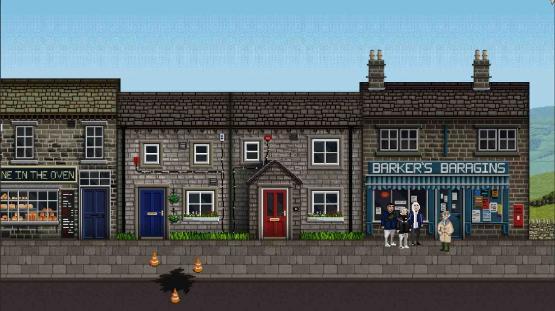An image from a computer game featuring a number of terraced houses and shops