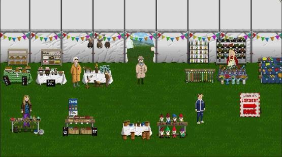 A still from a computer game of the inside of a tent at a country show
