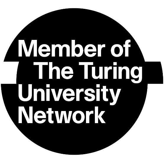 A black circle logo with Turing University Network written on it